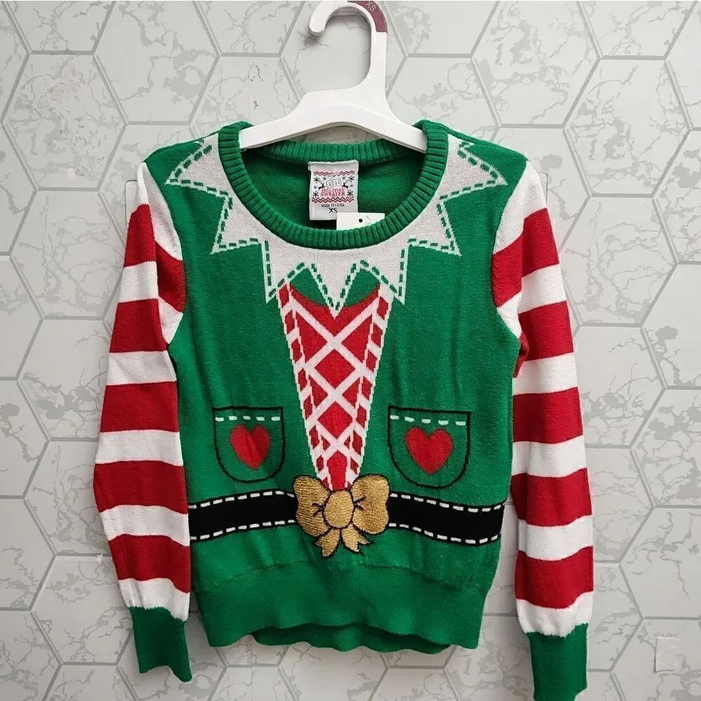Nwt Kids Christmas Holiday Ugly Elf Sweater Boys Girls Pullover Red